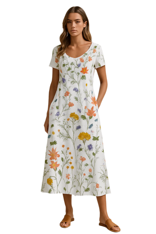 Women's Summer Dress Short Sleeves Floral Print Airy Mixed Fabric