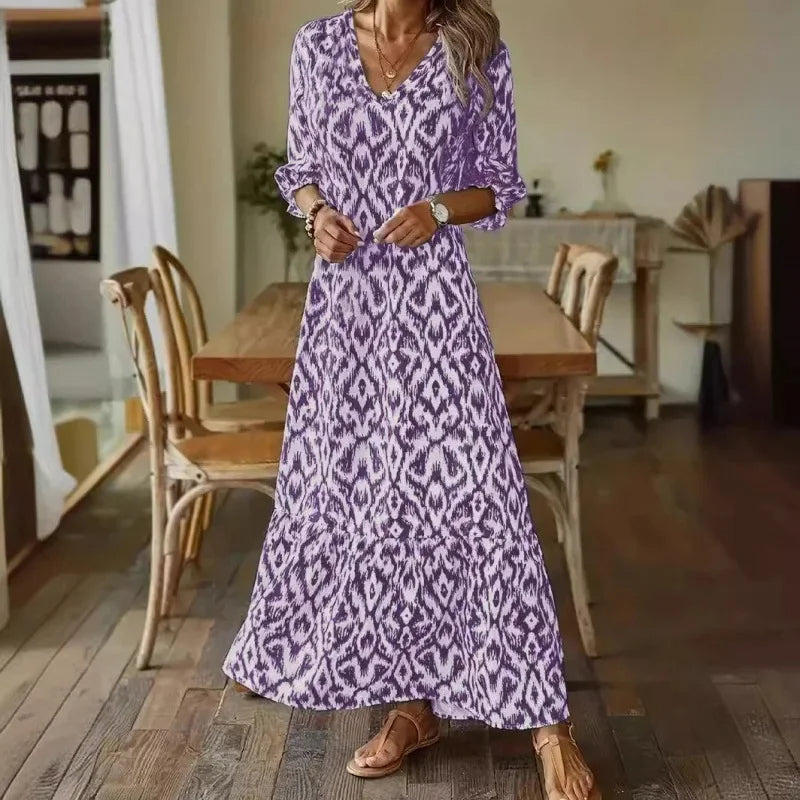Women's Summer Dress V-neck A-line with Half Sleeves