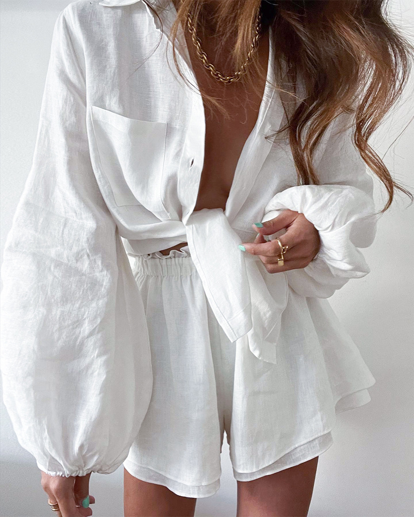 Women's Summer Set Linen Style Blouse and Shorts Casual Breathable