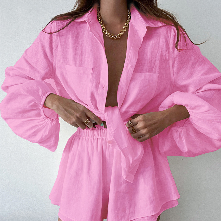 Women's Summer Set Linen Style Blouse and Shorts Casual Breathable