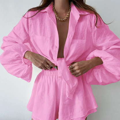 Women's Summer Set Linen Style Blouse and Shorts Casual Breathable