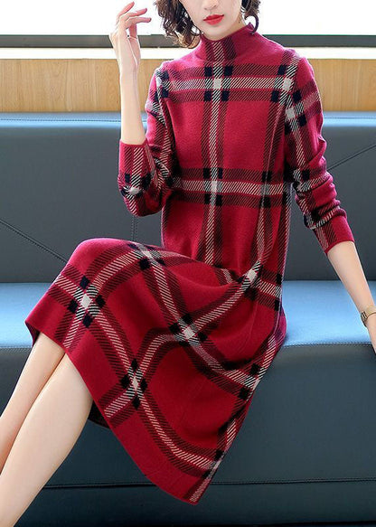 Women's Sweater Dress High Neck Plaid Pattern