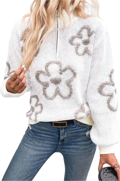Women's Sweater Half Zip Floral Viscose
