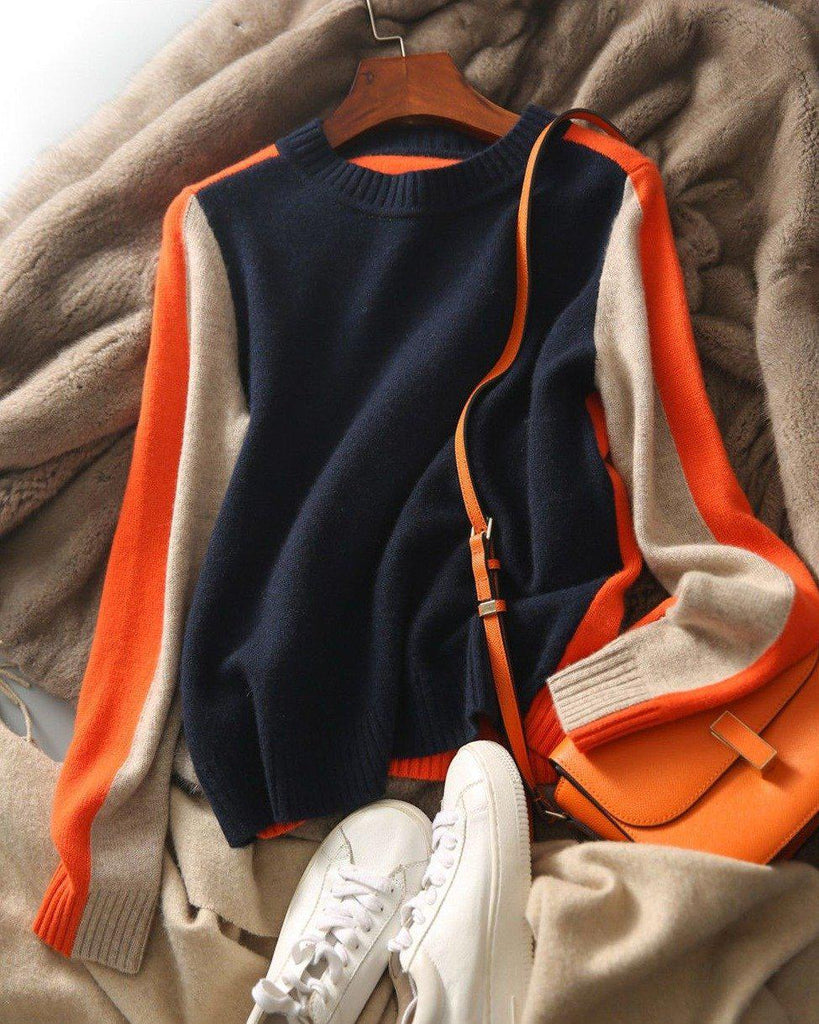 Women's Sweater Retro Stripe Navy Blue Orange
