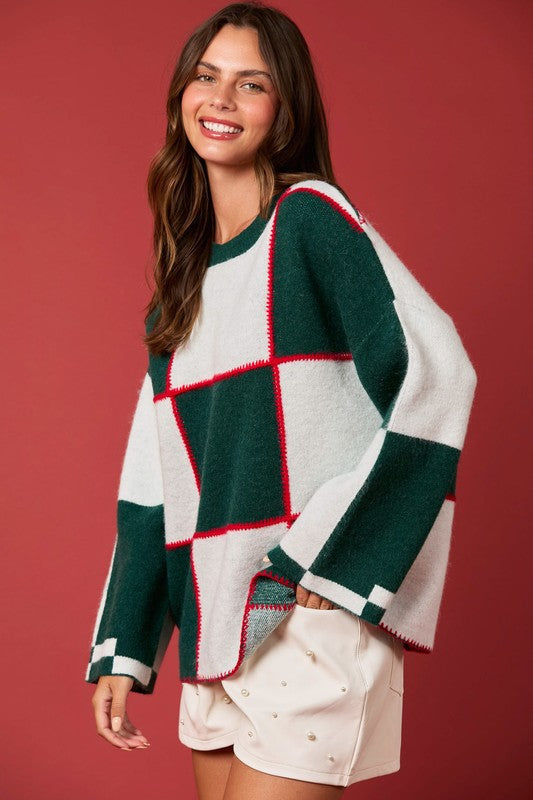Women's Sweater with Colour Block and Stitch Details