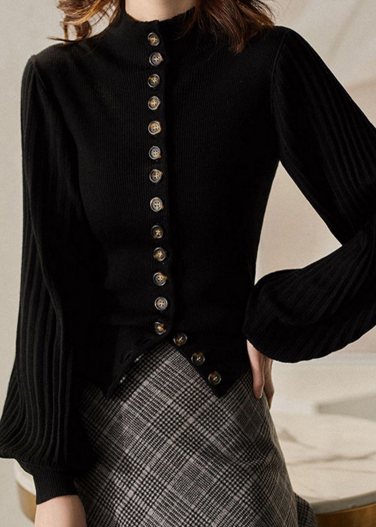 Women's Sweater with Standing Collar and Lantern Sleeves