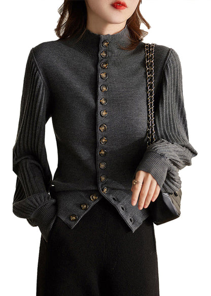 Women's Sweater with Standing Collar and Lantern Sleeves