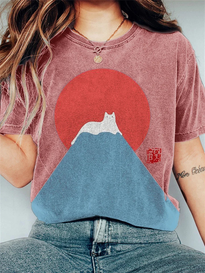 Women's T-shirt Casual with Japanese Mountain print