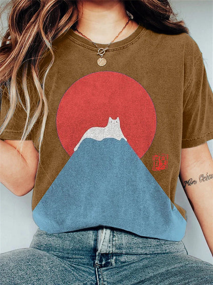 Women's T-shirt Casual with Japanese Mountain print