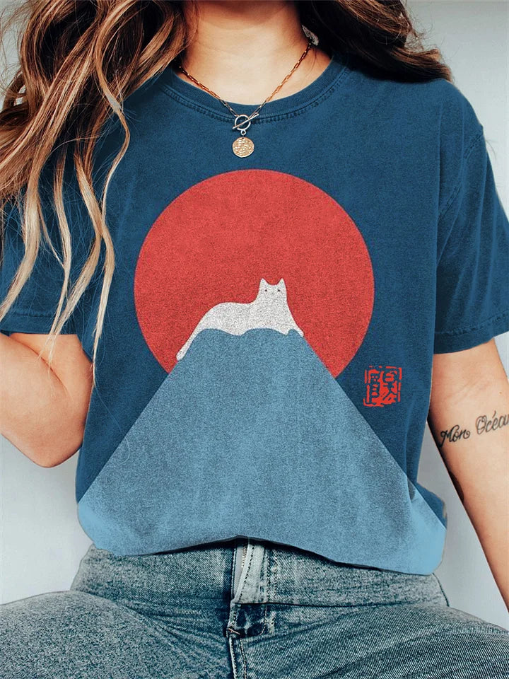Women's T-shirt Casual with Japanese Mountain print