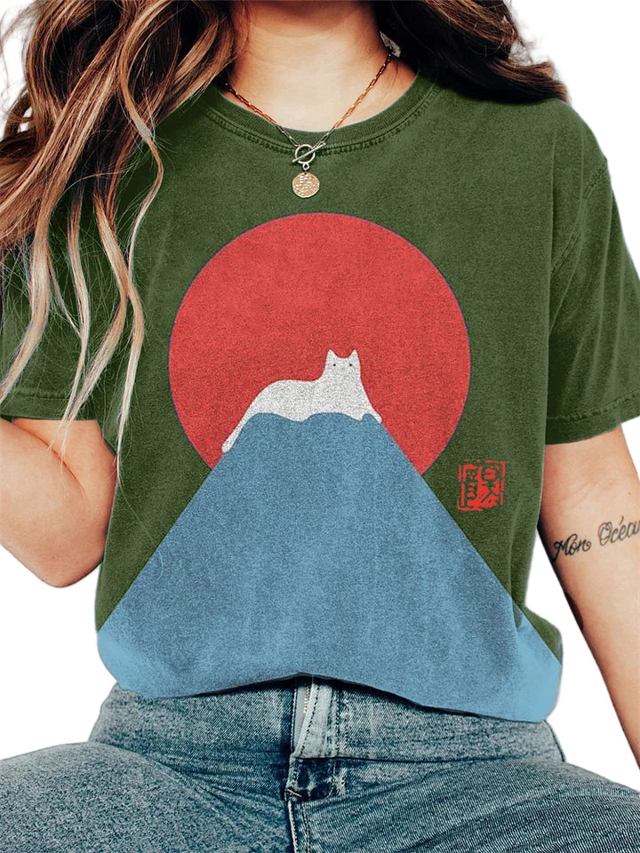 Women's T-shirt Casual with Japanese Mountain print