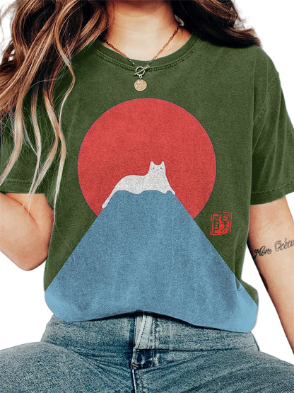 Women's T-shirt Casual with Japanese Mountain print