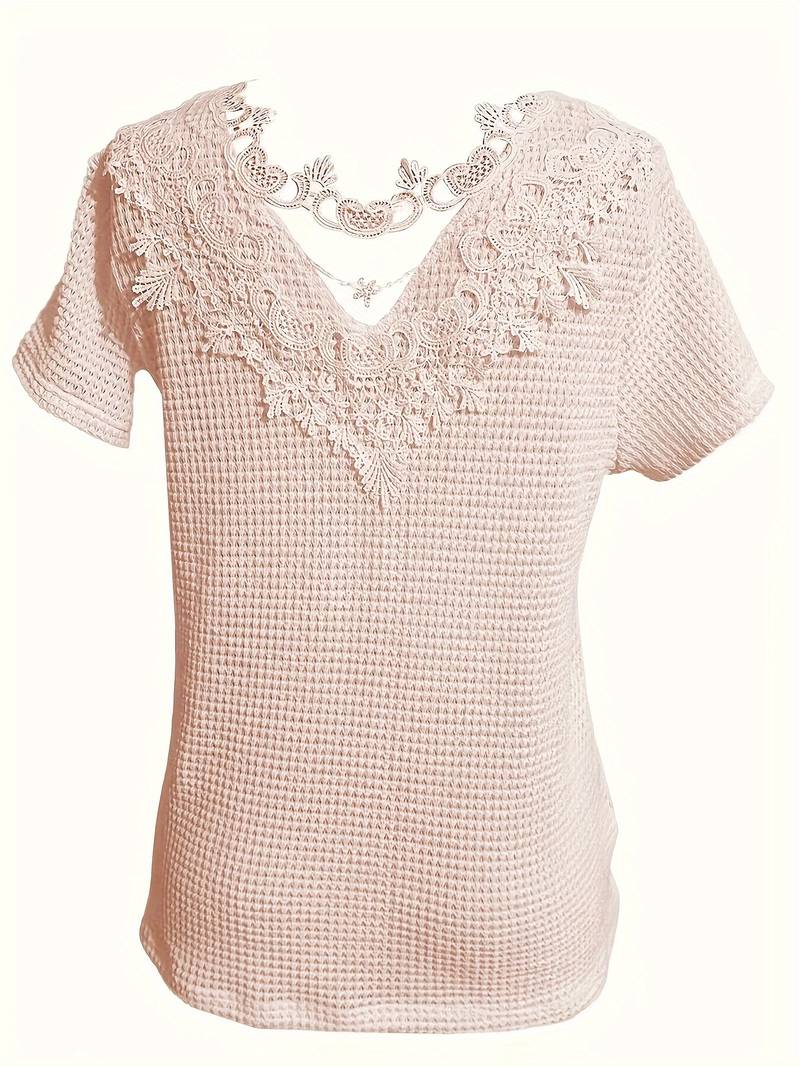 Women's T-shirt Round Neck Cotton with Contrast Fabric and Lace Details