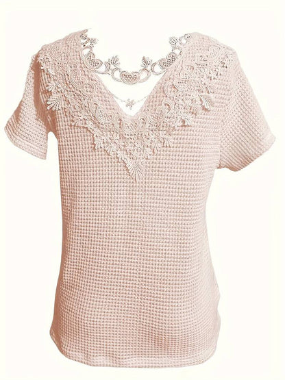 Women's T-shirt Round Neck Cotton with Contrast Fabric and Lace Details