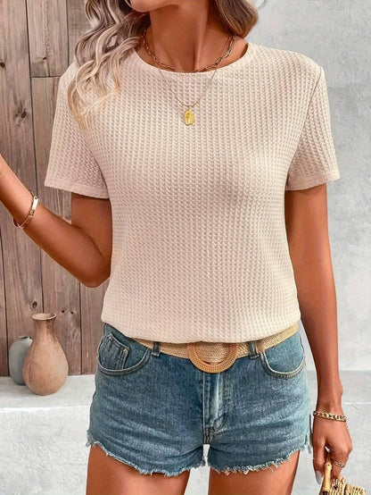 Women's T-shirt Round Neck Cotton with Contrast Fabric and Lace Details
