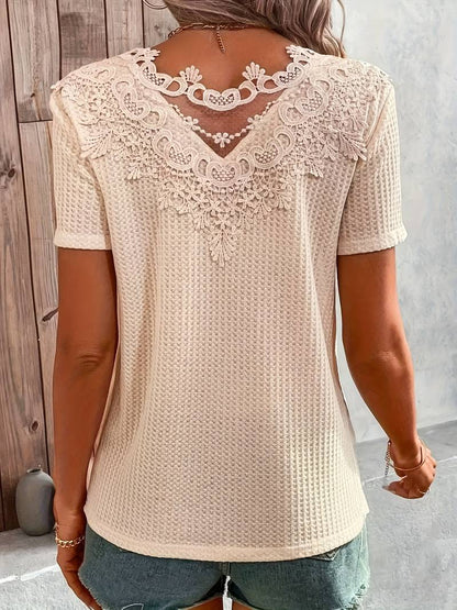 Women's T-shirt Round Neck Cotton with Contrast Fabric and Lace Details