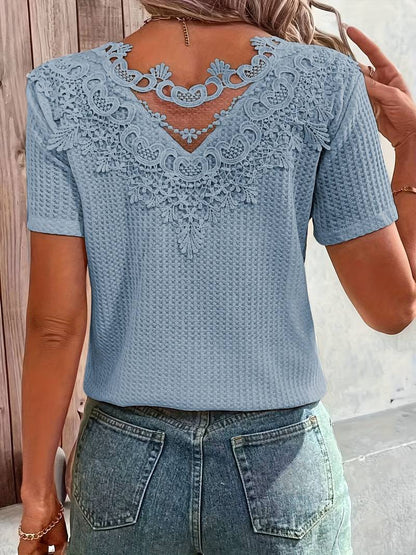 Women's T-shirt Round Neck Cotton with Contrast Fabric and Lace Details