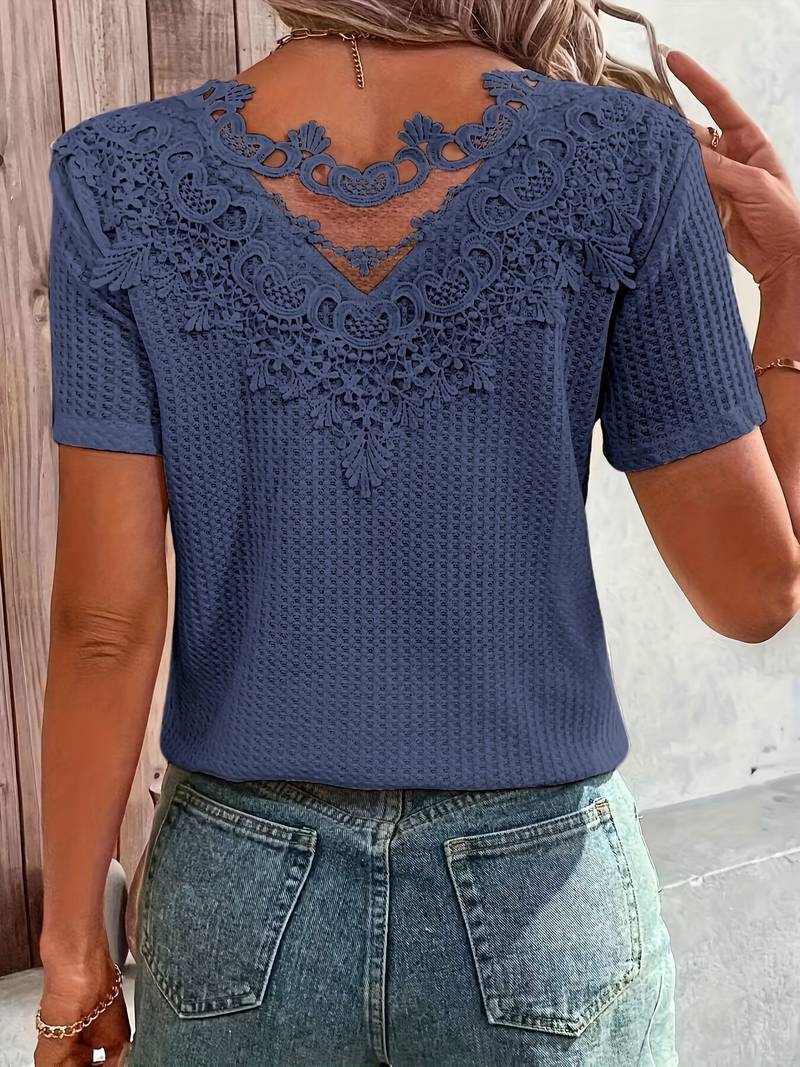 Women's T-shirt Round Neck Cotton with Contrast Fabric and Lace Details