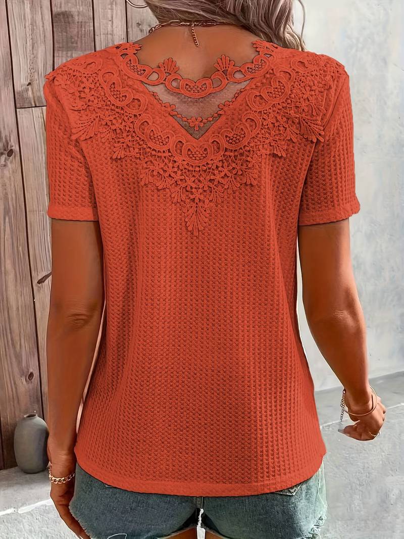 Women's T-shirt Round Neck Cotton with Contrast Fabric and Lace Details