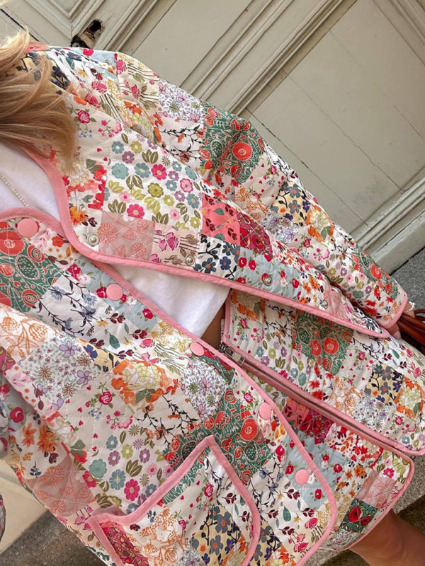 Women's Thin Quilted Jacket with Round Neck and Floral Print