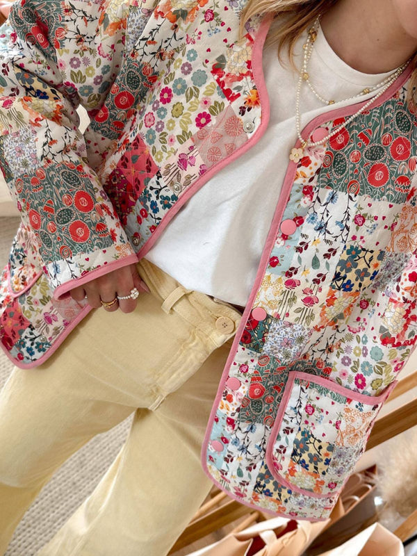 Women's Thin Quilted Jacket with Round Neck and Floral Print