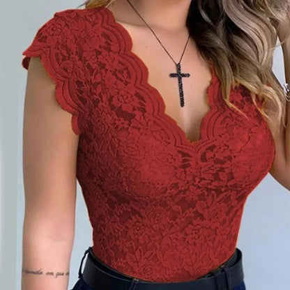Women's Top Sleeveless V-neck Lace Cotton