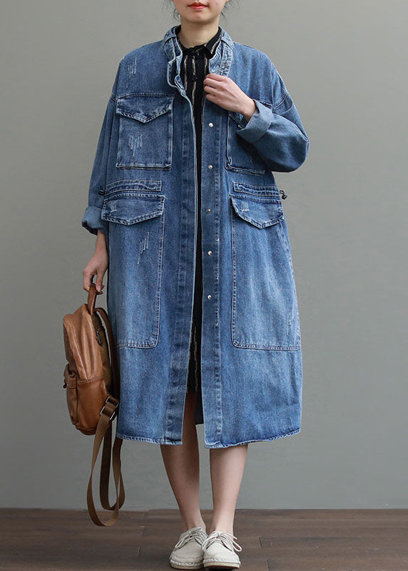 Women's Trench Coat Denim with Buttons and Pockets for Casual Autumn Style
