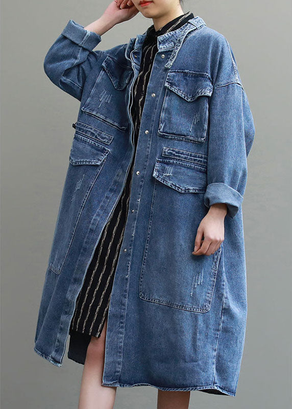 Women's Trench Coat Denim with Buttons and Pockets for Casual Autumn Style