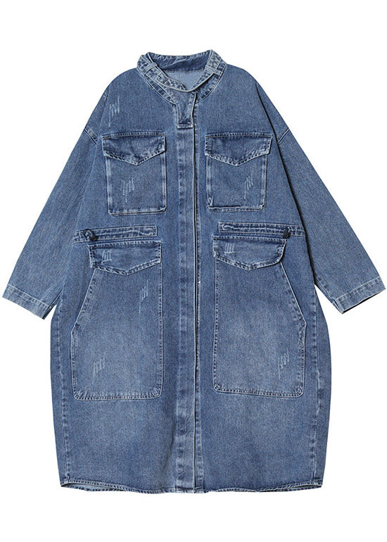 Women's Trench Coat Denim with Buttons and Pockets for Casual Autumn Style