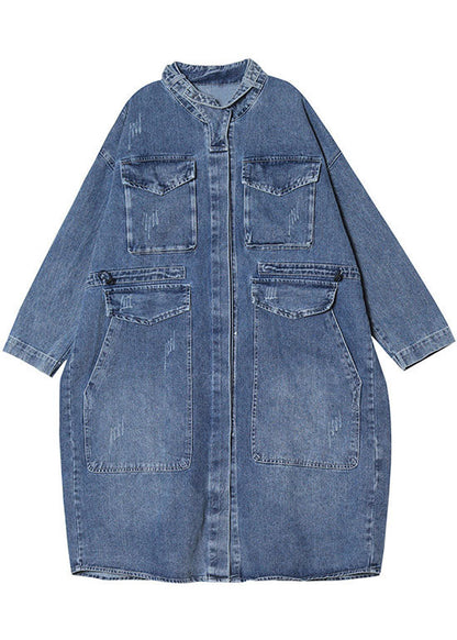 Women's Trench Coat Denim with Buttons and Pockets for Casual Autumn Style