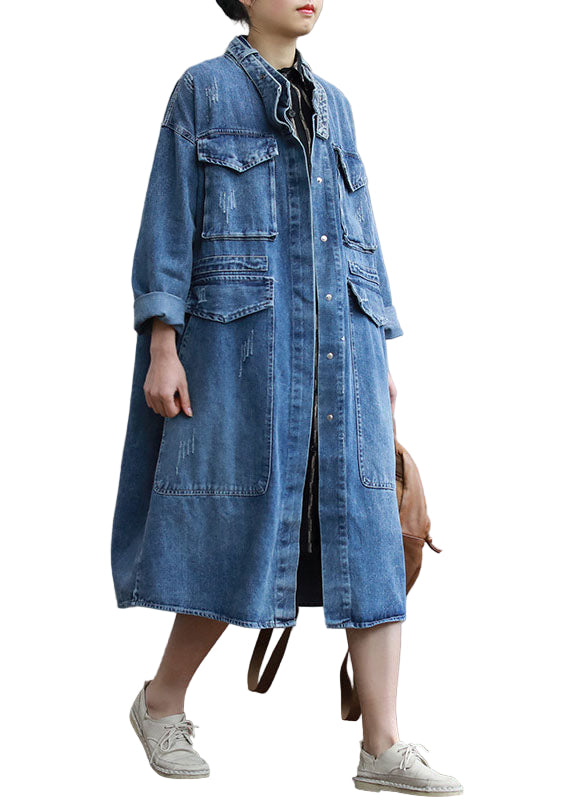 Women's Trench Coat Denim with Buttons and Pockets for Casual Autumn Style