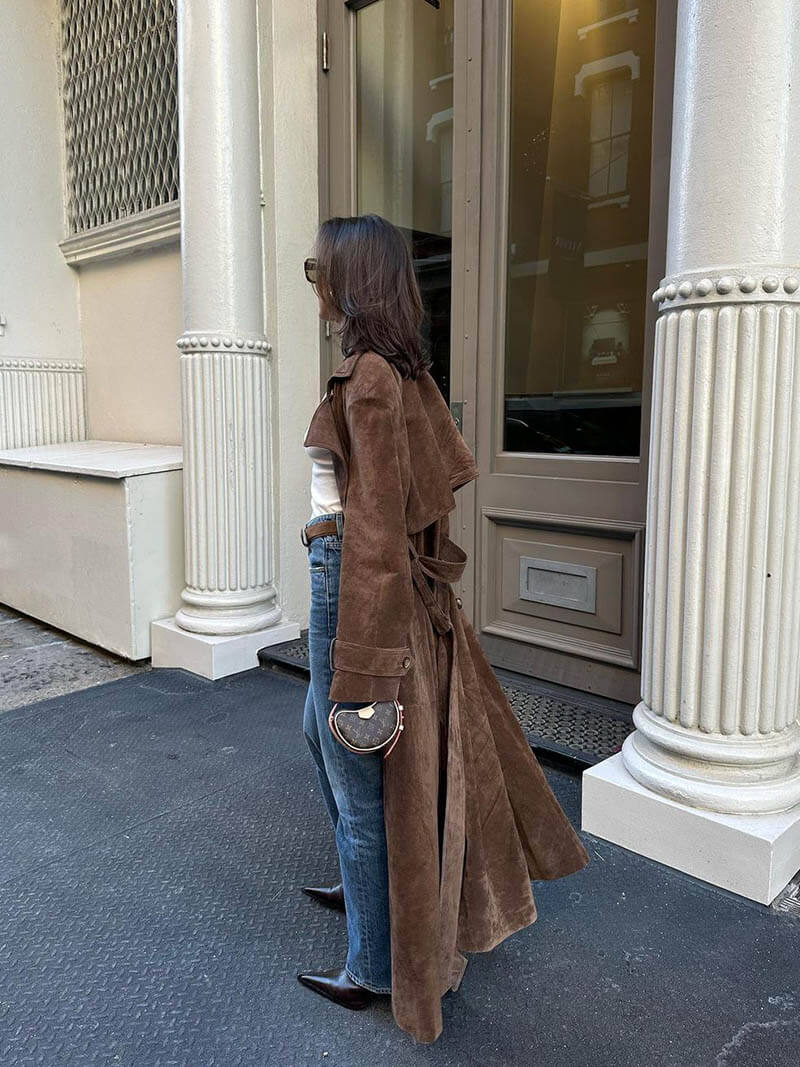 Women's Trench Coat Suede Look Midi With Belt and Double Row Button Closure