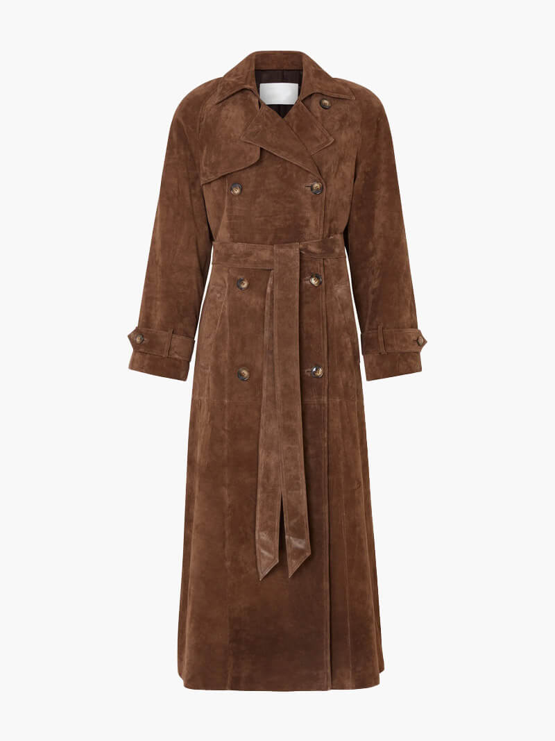 Women's Trench Coat Suede Look Midi With Belt and Double Row Button Closure
