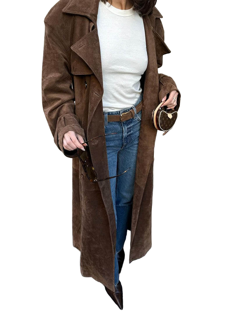 Women's Trench Coat Suede Look Midi With Belt and Double Row Button Closure