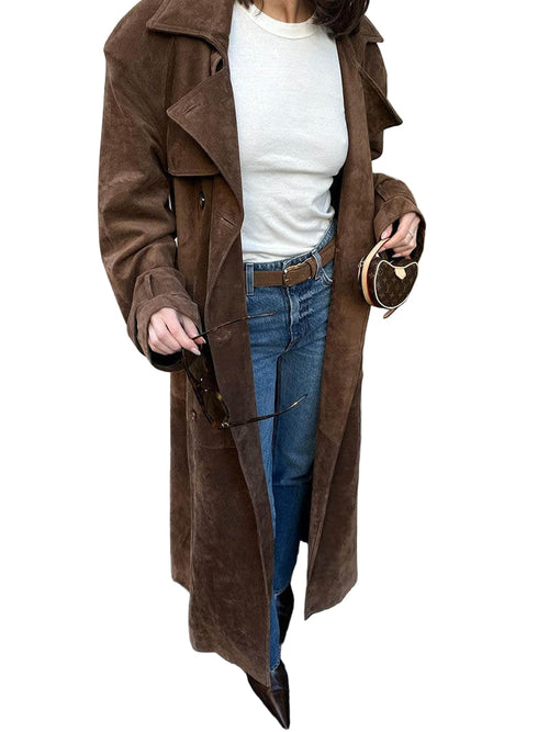 Women's Trench Coat Suede Look Midi With Belt and Double Row Button Closure