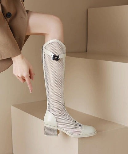 Women's Tulle Knee Boots with Suede and Chunky Heel
