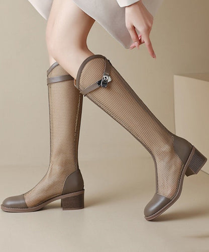 Women's Tulle Knee Boots with Suede and Chunky Heel