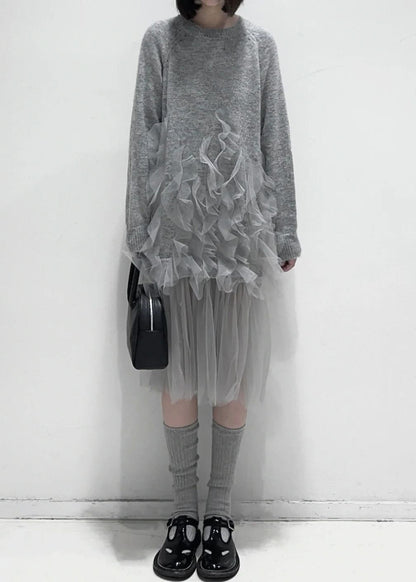Women's Tulle Patchwork Knitted Dress with Ruffles