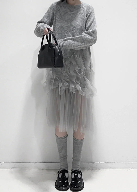 Women's Tulle Patchwork Knitted Dress with Ruffles
