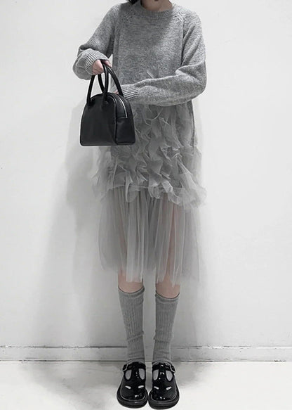 Women's Tulle Patchwork Knitted Dress with Ruffles