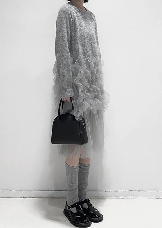Women's Tulle Patchwork Knitted Dress with Ruffles