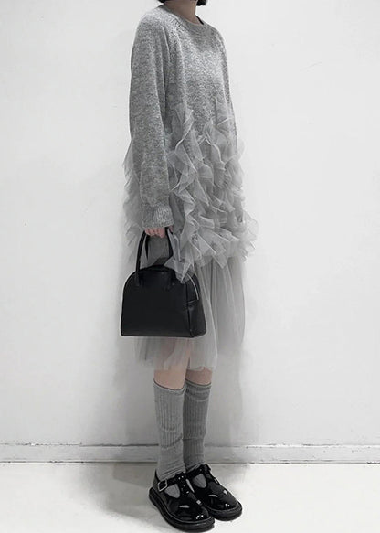 Women's Tulle Patchwork Knitted Dress with Ruffles