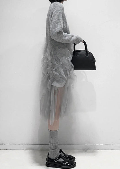 Women's Tulle Patchwork Knitted Dress with Ruffles