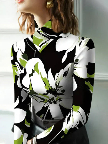Women's Turtleneck Shirt Floral Print Long Sleeves Cotton