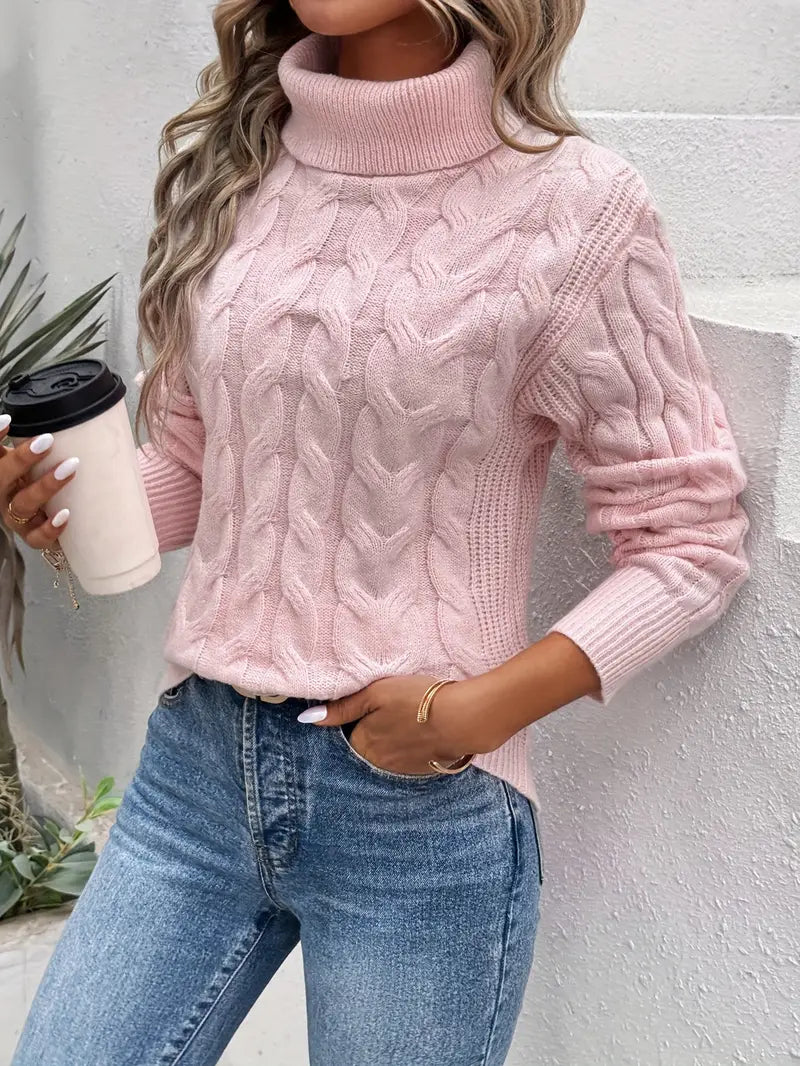 Women's Turtleneck Sweater Cable Pattern Comfortable High Collar