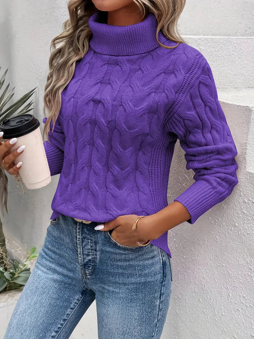 Women's Turtleneck Sweater Cable Pattern Comfortable High Collar