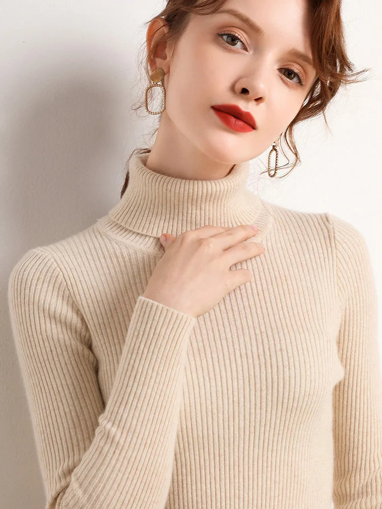 Women's Turtleneck Sweater Knitted Soft Cashmere for Autumn and Winter
