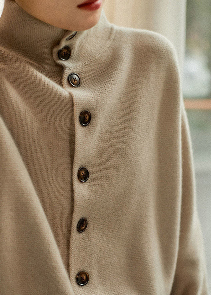 Women's Turtleneck Sweater With Buttons Long Sleeves and Loose Fit