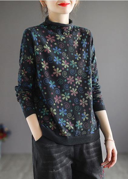 Women's Turtleneck Sweater With Khaki Print Trendy High Neck Design