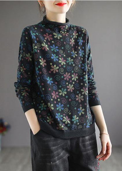 Women's Turtleneck Sweater With Khaki Print Trendy High Neck Design